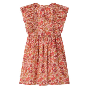 The Girls' Lizzy Dress with Ruffles in Liberty Fabric by Bonpoint is a sleeveless, knee-length dress featuring ruffled shoulders and a red, pink, and beige floral print, crafted from organic cotton.