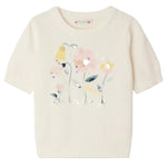 The Bonpoint Girls' Elvira Jacquard Sweater features short sleeves, a white design, and hand-embroidered pastel flowers on the front.