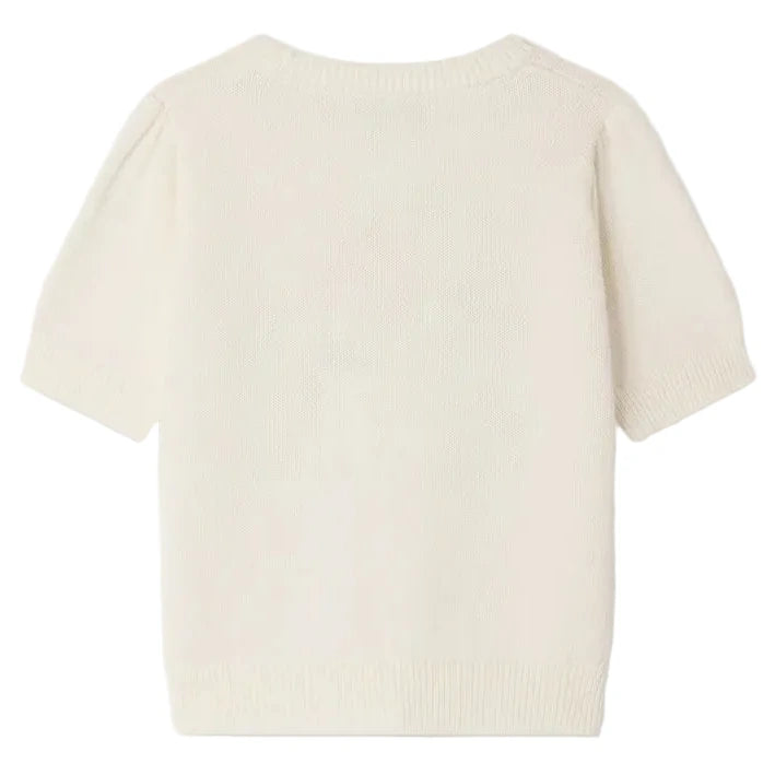 The Bonpoint Girls' Elvira Jacquard Sweater with Hand-Embroidered Flowers is shown from the back, featuring short sleeves and a cream color against a white background.