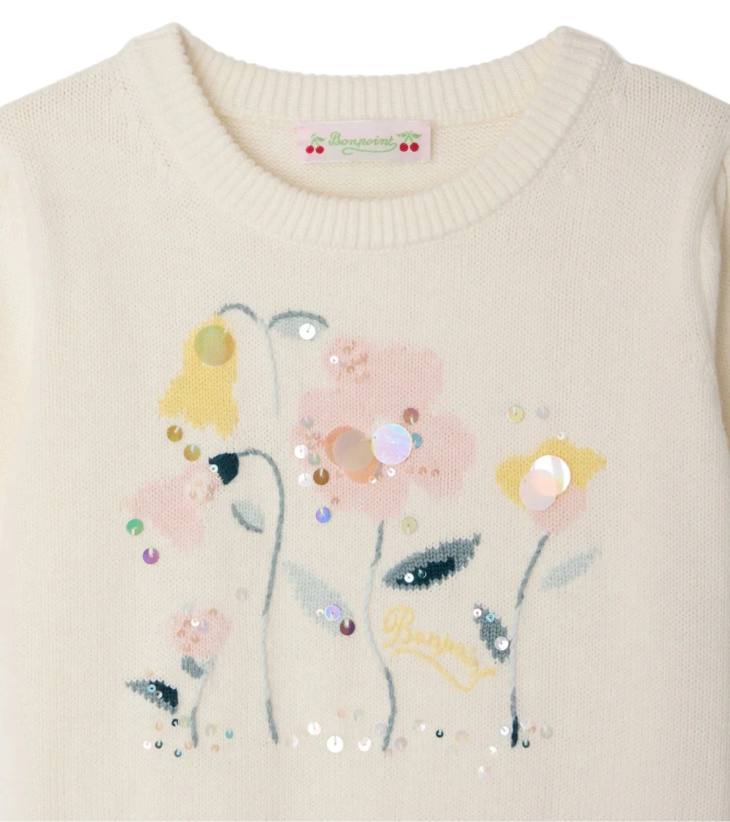 The Bonpoint Girls' Elvira Jacquard Sweater features cream knit with pink and yellow intarsia flowers, green leaves, and hand-embroidered sequins embellishing the front.