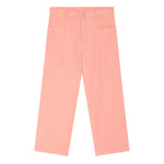 Bonpoint Girls’ Looping Wide-Leg Trousers in pink organic cotton with front patch pockets, belt loops, and a button waistband, shown laid flat on a white background.