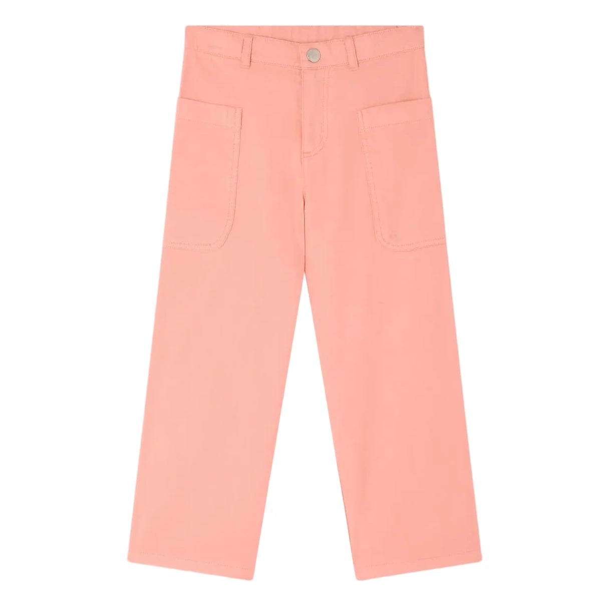 Bonpoint Girls’ Looping Wide-Leg Trousers in pink organic cotton with front patch pockets, belt loops, and a button waistband, shown laid flat on a white background.