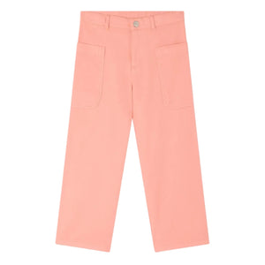 Bonpoint Girls’ Looping Wide-Leg Trousers in pink organic cotton with front patch pockets, belt loops, and a button waistband, shown laid flat on a white background.