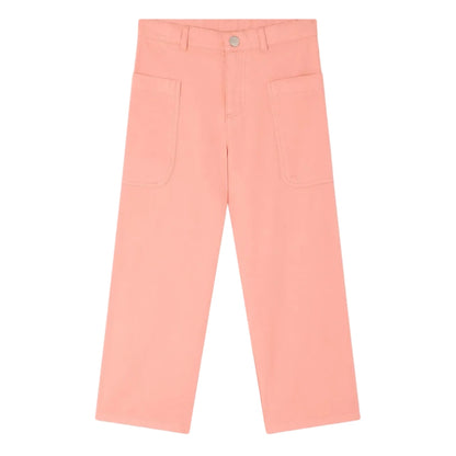Bonpoint Girls’ Looping Wide-Leg Trousers in pink organic cotton with front patch pockets, belt loops, and a button waistband, shown laid flat on a white background.