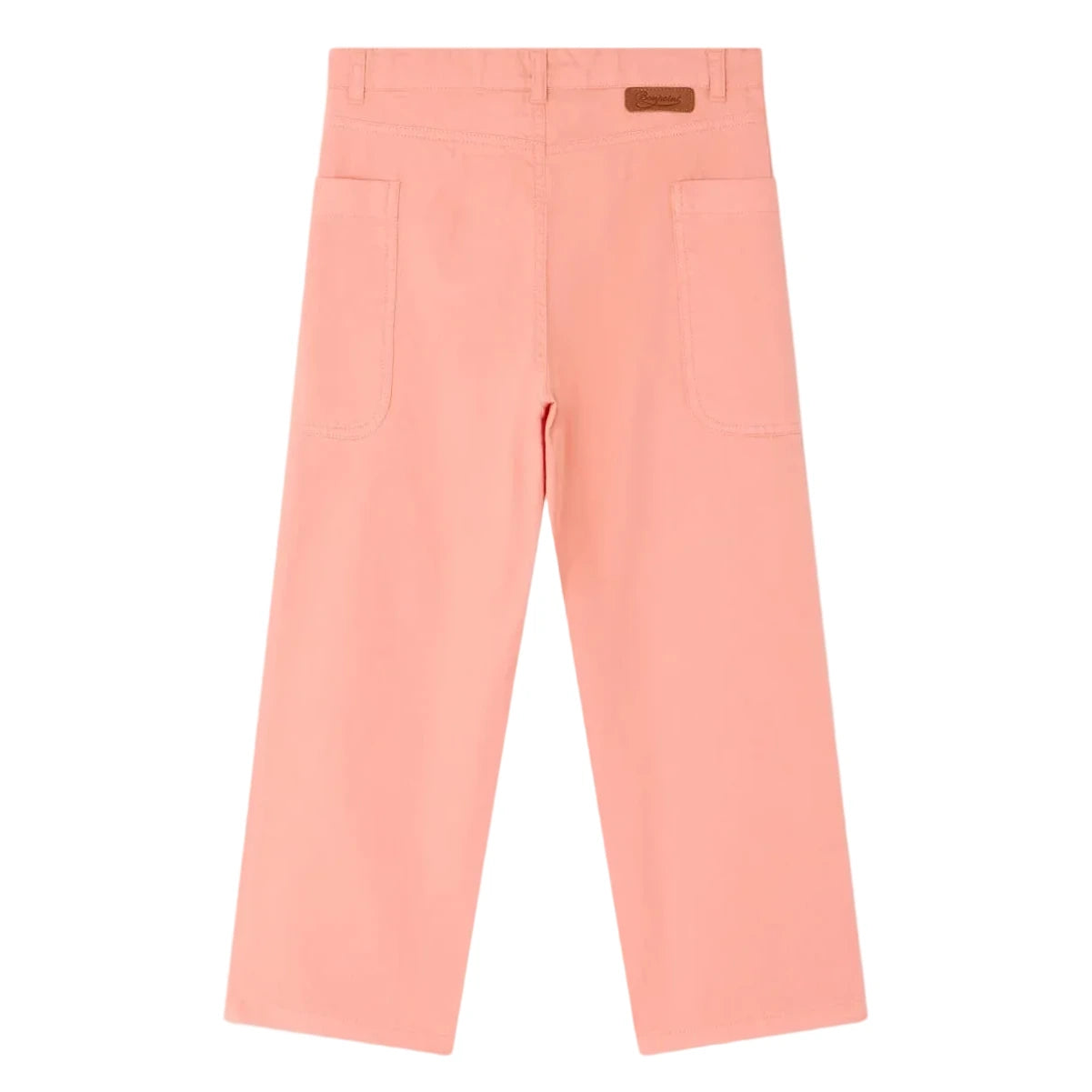 Bonpoint Girls' Looping Wide-Leg Trousers in light pink organic cotton, featuring a high waist, front patch pockets, and a brown logo patch on the waistband.