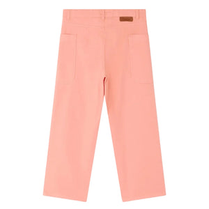 Bonpoint Girls' Looping Wide-Leg Trousers in light pink organic cotton, featuring a high waist, front patch pockets, and a brown logo patch on the waistband.