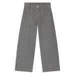 Bonpoint Girls Jingle Striped Denim Trousers: black-and-white vertically striped wide leg pants with pockets and button closure, shown laid flat on a white background.