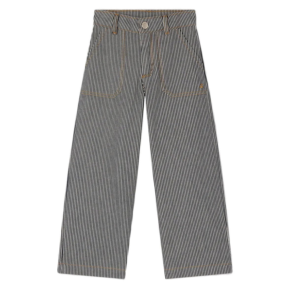 Bonpoint Girls Jingle Striped Denim Trousers: black-and-white vertically striped wide leg pants with pockets and button closure, shown laid flat on a white background.