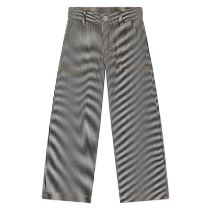 Bonpoint Girls Jingle Striped Denim Trousers: black-and-white vertically striped wide leg pants with pockets and button closure, shown laid flat on a white background.