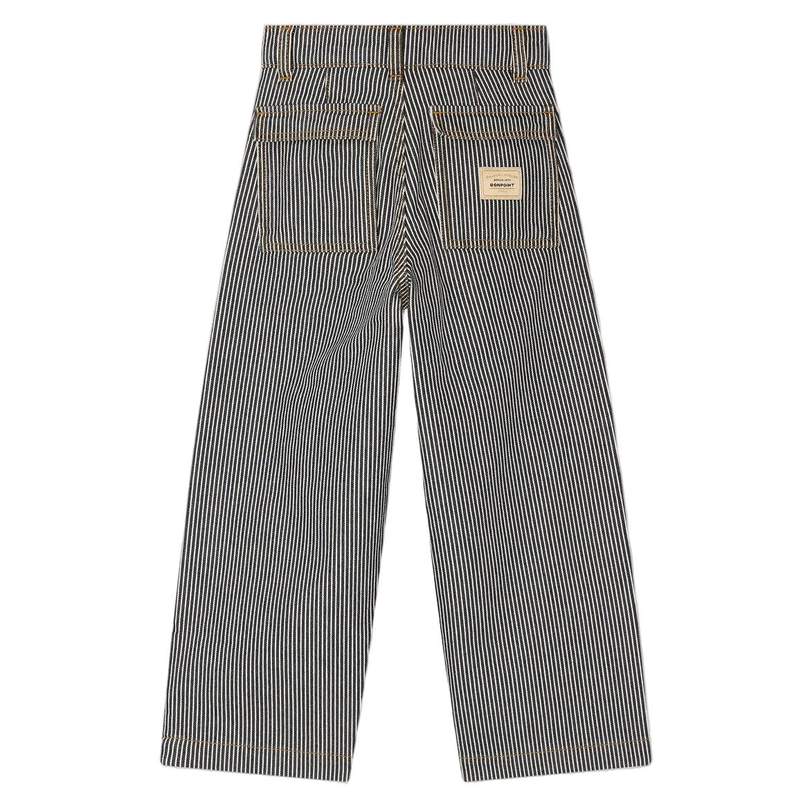 Back view of Bonpoint Girls Jingle Striped Denim Trousers featuring blue and white stripes, wide leg silhouette, two rear pockets, and a patch label above the right pocket.