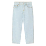 Bonpoint Girls' Eloha Wide-Leg Denim Trousers in light blue feature five pockets and subtle faded details, shown flat against a white background.
