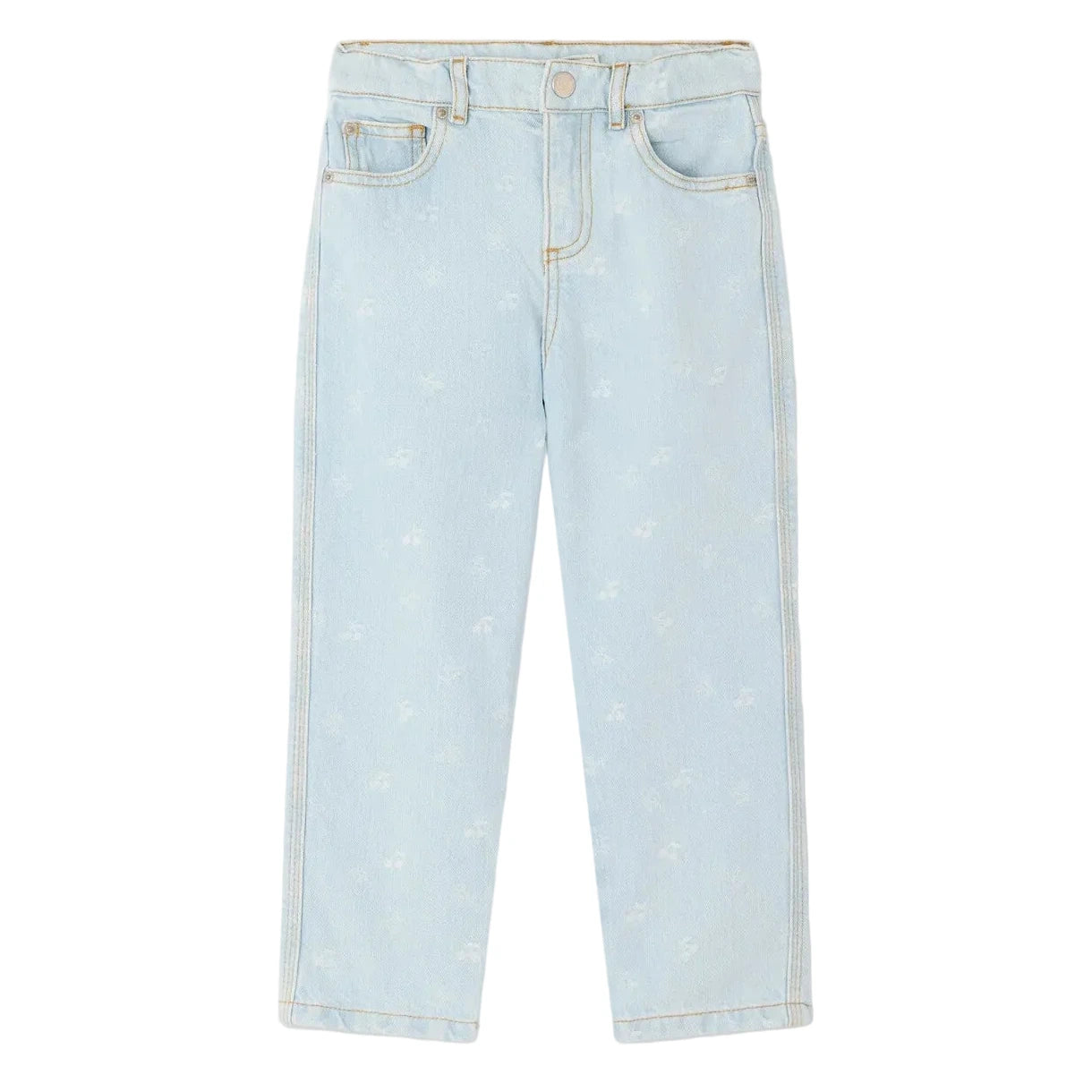 Bonpoint Girls' Eloha Wide-Leg Denim Trousers in light blue feature five pockets and subtle faded details, shown flat against a white background.