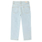 Back view of Bonpoint Girls' Eloha Wide-Leg Denim Trousers in light blue cherry jacquard, featuring a high waist, two rear pockets, belt loops, visible stitching, and a subtle all-over pattern.