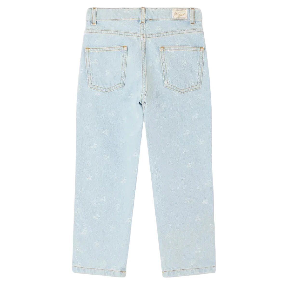 Back view of Bonpoint Girls' Eloha Wide-Leg Denim Trousers in light blue cherry jacquard, featuring a high waist, two rear pockets, belt loops, visible stitching, and a subtle all-over pattern.