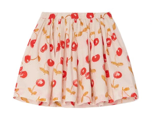 The Bonpoint Girls' Suzon Skirt features a cream hue with a cheerful cherry and yellow leaf print, crafted from soft organic cotton. It has a gathered elastic waistband and flared silhouette for playful comfort.