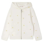 The Bonpoint Girls' Talent Hoodie is a white zip-up sweatshirt crafted from organic cotton fleece, featuring embroidered cherry motifs.