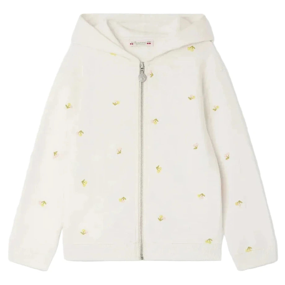 The Bonpoint Girls' Talent Hoodie is a white zip-up sweatshirt crafted from organic cotton fleece, featuring embroidered cherry motifs.