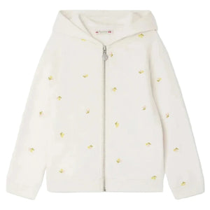The Bonpoint Girls' Talent Hoodie is a white zip-up sweatshirt crafted from organic cotton fleece, featuring embroidered cherry motifs.