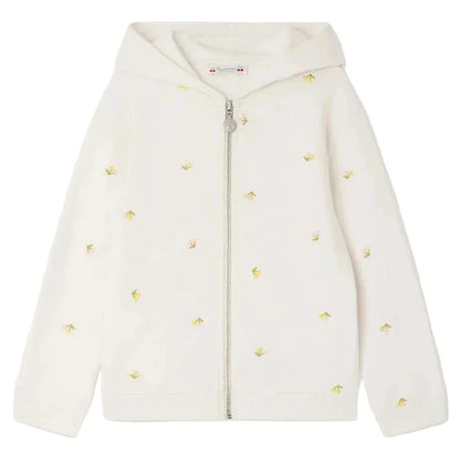The Bonpoint Girls' Talent Hoodie is a white zip-up sweatshirt crafted from organic cotton fleece, featuring embroidered cherry motifs.