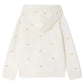 Back view of the Bonpoint Girls' Talent Hoodie, zip-up style in organic cotton fleece, embroidered with small yellow cherries scattered across the fabric.