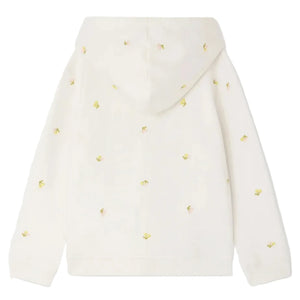 Back view of the Bonpoint Girls' Talent Hoodie, zip-up style in organic cotton fleece, embroidered with small yellow cherries scattered across the fabric.