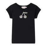 The Bonpoint Girls' Asmae T-Shirt, crafted from soft organic cotton, features embroidered cherries on the chest and is shown in black with short sleeves against a plain white background.