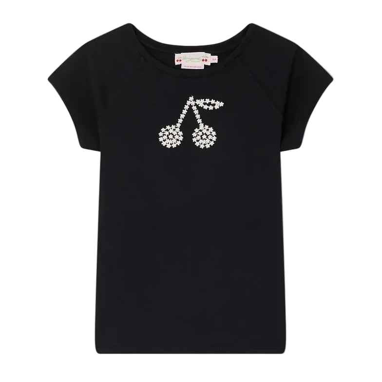 The Bonpoint Girls' Asmae T-Shirt, crafted from soft organic cotton, features embroidered cherries on the chest and is shown in black with short sleeves against a plain white background.
