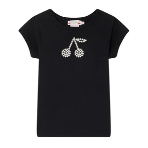 The Bonpoint Girls' Asmae T-Shirt, crafted from soft organic cotton, features embroidered cherries on the chest and is shown in black with short sleeves against a plain white background.