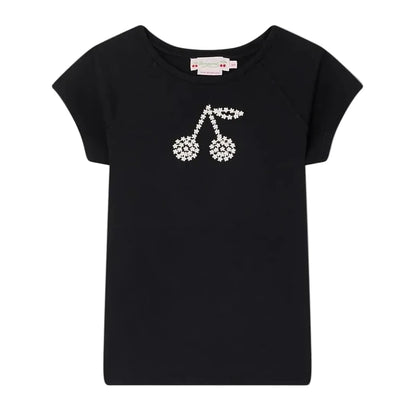 The Bonpoint Girls' Asmae T-Shirt, crafted from soft organic cotton, features embroidered cherries on the chest and is shown in black with short sleeves against a plain white background.
