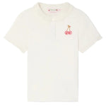 The Bonpoint Girls' Gina T-Shirt features short sleeves, a ruffled Peter Pan collar, and a small embroidered cherry on the left chest.