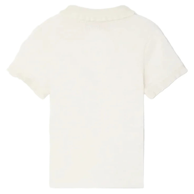 The Bonpoint Girls' Gina T-Shirt features short sleeves and a subtle ruffled Peter Pan collar in plain white, shown from the back on a white background.