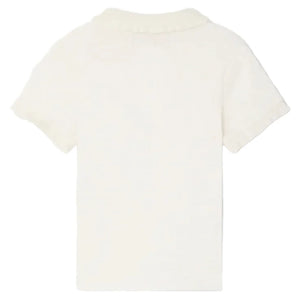 The Bonpoint Girls' Gina T-Shirt features short sleeves and a subtle ruffled Peter Pan collar in plain white, shown from the back on a white background.