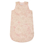 The Baby Joujou Sleeping Bag in Liberty Fabric by Bonpoint is a sleeveless organic cotton sleep sack with a pink and cream floral pattern, rounded bottom, and easy side zipper for quick nighttime changes.