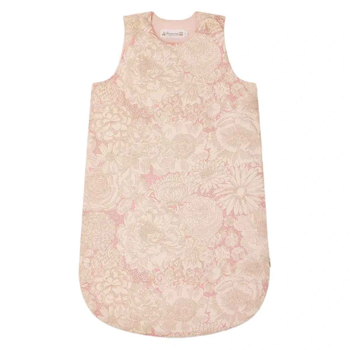 The Baby Joujou Sleeping Bag in Liberty Fabric by Bonpoint is a sleeveless organic cotton sleep sack with a pink and cream floral pattern, rounded bottom, and easy side zipper for quick nighttime changes.