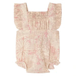 The Bonpoint Baby Girls' Lakiss Romper features Liberty fabric, smocked and hand-embroidered details, ruffled shoulder straps, elastic leg openings, and soft organic cotton for comfort.