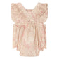 Bonpoint's Baby Girls' Lakiss Romper features smocked, hand-embroidered Liberty fabric with ruffled straps, elastic waist and leg openings, and a beige and pink floral print in soft organic cotton.