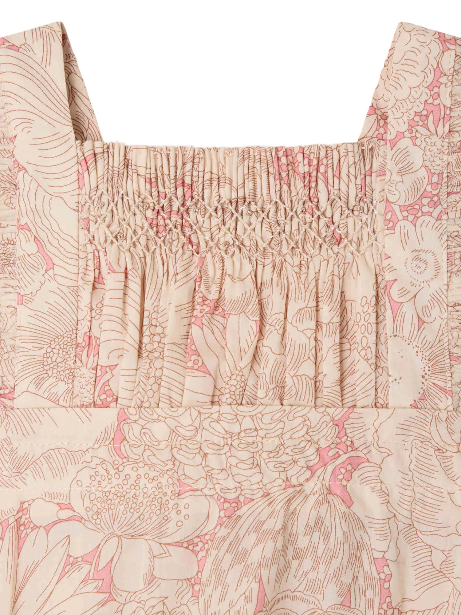 Close-up of Bonpoint's Baby Girls' Lakiss Romper, smocked and hand-embroidered in Liberty fabric, featuring a square neckline and pink floral print.