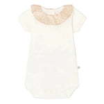 The Bonpoint Baby Girls' June Bodysuit with Liberty Fabric features short sleeves and a beige ruffled Liberty collar, displayed flat against a plain background.