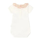 Bonpoint Baby Girls' June Bodysuit with Liberty fabric collar in beige and pink florals, short-sleeve white onesie shown on a plain white background.