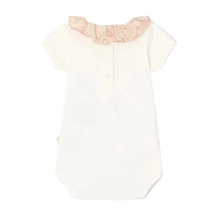 Bonpoint Baby Girls' June Bodysuit with Liberty fabric collar in beige and pink florals, short-sleeve white onesie shown on a plain white background.