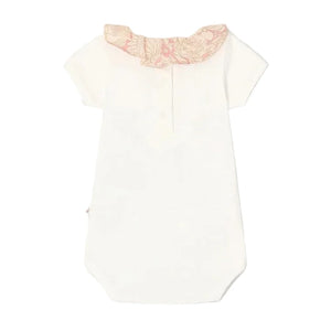 Bonpoint Baby Girls' June Bodysuit with Liberty fabric collar in beige and pink florals, short-sleeve white onesie shown on a plain white background.