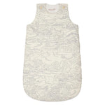 The Bonpoint Baby Joujou Sleeping Bag in Liberty Fabric is a sleeveless organic cotton sleep sack with a white background, blue landscape print of trees, mountains, and boats, plus a side zipper for easy nighttime changes.