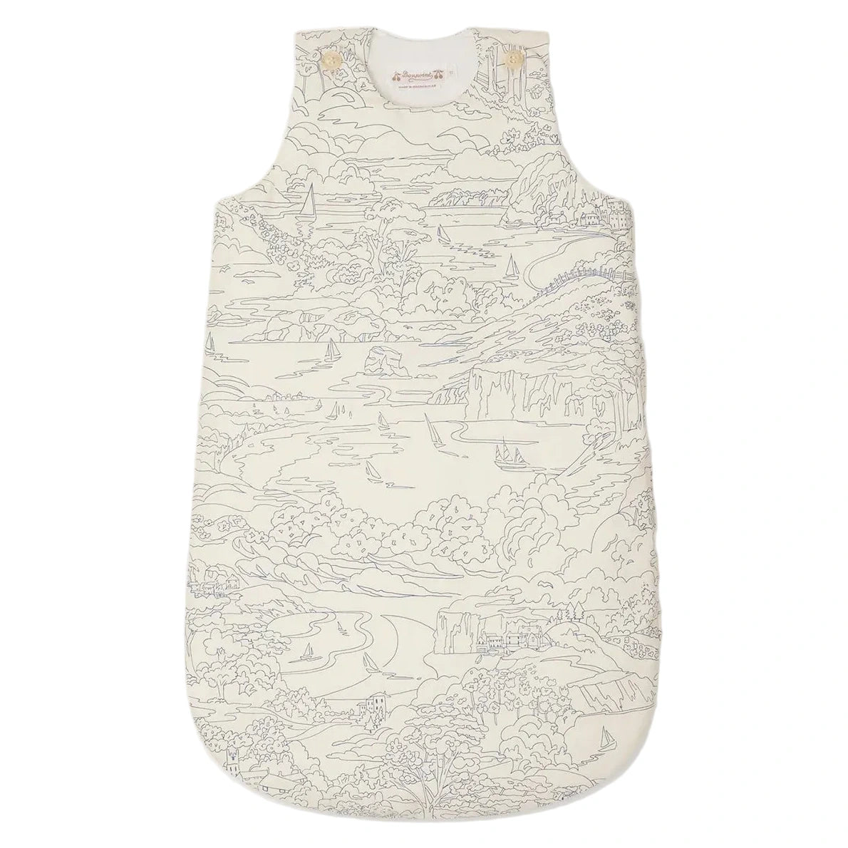 The Bonpoint Baby Joujou Sleeping Bag in Liberty Fabric is a sleeveless organic cotton sleep sack with a white background, blue landscape print of trees, mountains, and boats, plus a side zipper for easy nighttime changes.