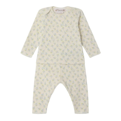 The Bonpoint Baby Timi Set features a cream, long-sleeve top and matching pants made from organic cotton, both adorned with a subtle sailboat print.
