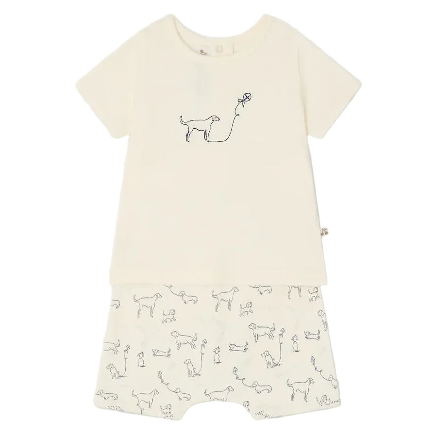 The Bonpoint Baby Boys' Fanilo Embroidered and Dog-Print Set includes a cream-colored cotton top with dog and kite print, matching shorts with playful patterns, and snap buttons for easy dressing.