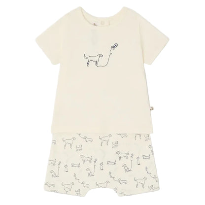 The Bonpoint Baby Boys' Fanilo Embroidered and Dog-Print Set includes a cream-colored cotton top with dog and kite print, matching shorts with playful patterns, and snap buttons for easy dressing.