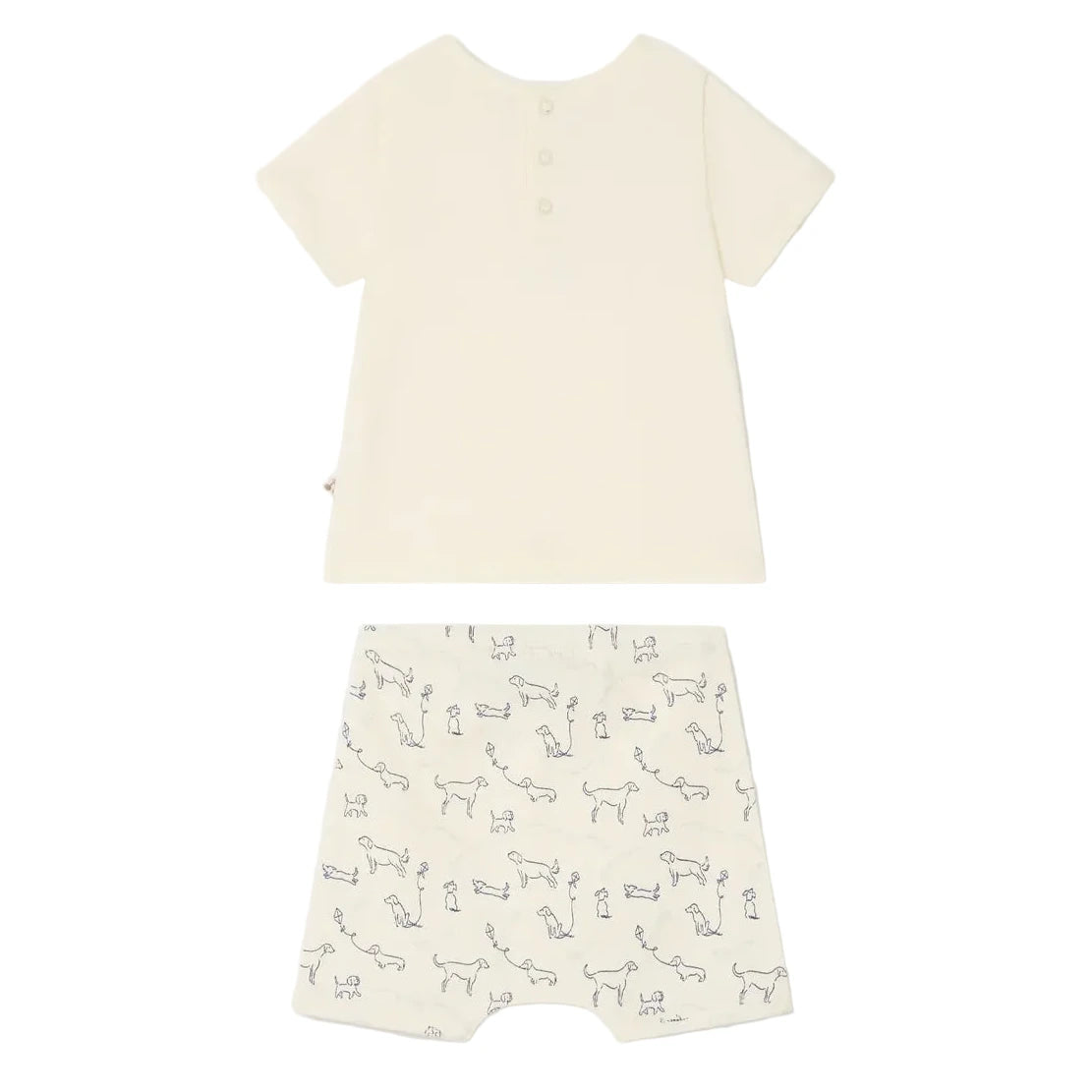The Bonpoint Baby Boys' Fanilo Embroidered and Dog-Print Set features a short-sleeved cream organic cotton top with back snap buttons and matching shorts, both adorned with a simple black dog and kite print.