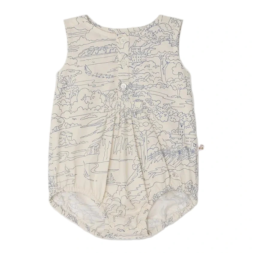 The Bonpoint Baby Boys' Nico Romper is sleeveless, made from soft Liberty fabric, and features a button-up back with a light scenic line-drawing landscape print.