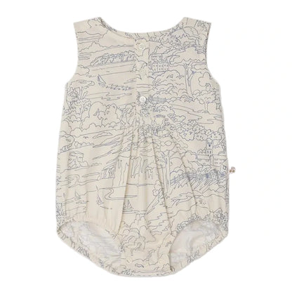 The Bonpoint Baby Boys' Nico Romper is sleeveless, made from soft Liberty fabric, and features a button-up back with a light scenic line-drawing landscape print.
