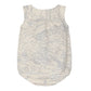 The Bonpoint Baby Boys' Nico Romper is a sleeveless organic cotton outfit in light beige, adorned with a blue landscape print of trees, hills, and boats.